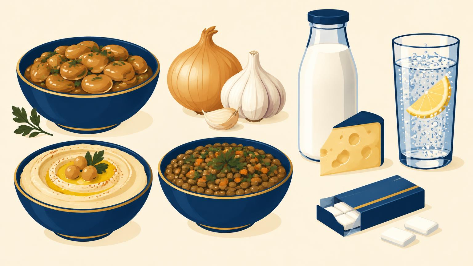 رسم توضيحي لأطعمة قد تزيد الانتفاخ: الفول والحمص والعدس والبصل والثوم والحليب والجبن والمشروبات الغازية والعلكة الخالية من السكر